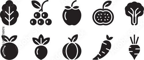 Black and White Icon Set Featuring Various Vegetables, Fruits, and Leafy Greens Illustration