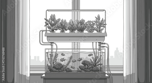 Illustration of an aquaponics system with fish tank and plant growth setup