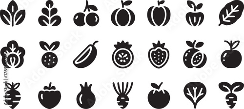 Black and White Icon Set Vegetables, Fruits, and Leafy Greens Isolated on White Background
