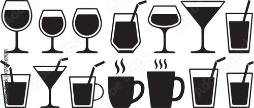 Black and White Illustration Various Glassware, Cups, Straws and Drinkware Set