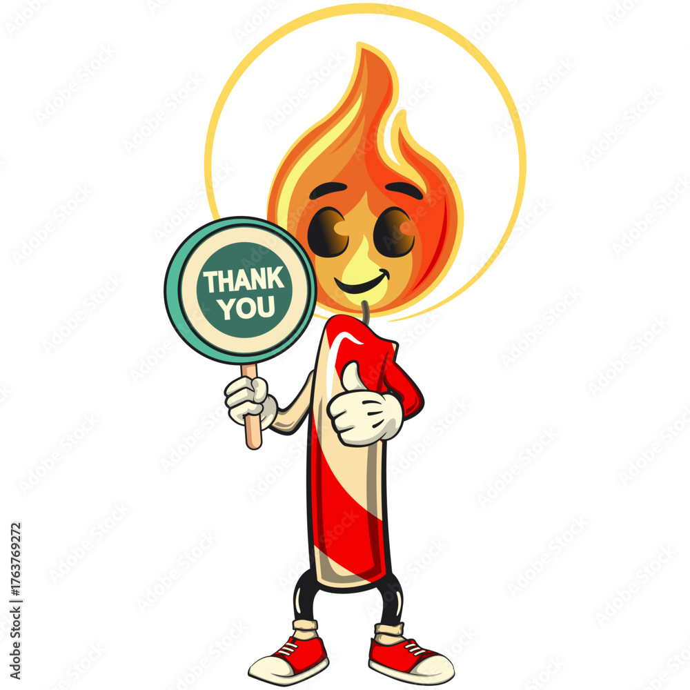 Fototapeta premium cute candle mascot cartoon vector illustration with light flame character carrying a sign saying thank you, isolated for holiday and celebration design, work of hand drawn