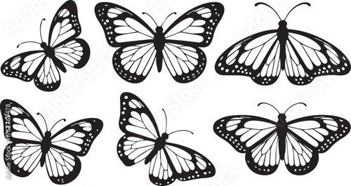 Black and White of Six Stylized Butterflies with Different Wing Patterns