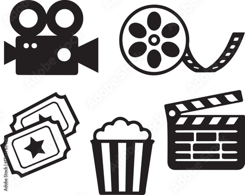 Black and White Movie Icon Set Featuring Camera, Film Reel, Tickets, Popcorn, and Clapperboard