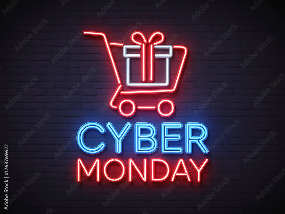 Fototapeta premium Bright neon cyber monday shopping cart with gift box sign