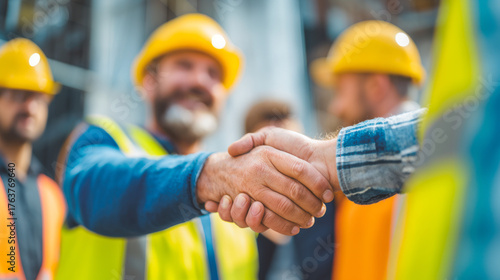 Construction workers greet each other with a handshake at a job site in bright safety gear