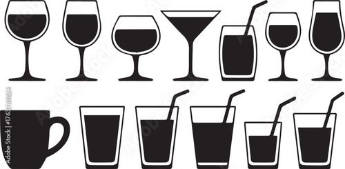 Black and White Silhouettes of Various Glasses, Cups, and Straws Drinkware Set