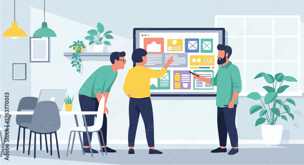 Fototapeta premium Flat vector illustration of UI/UX designers discussing app interface on digital board