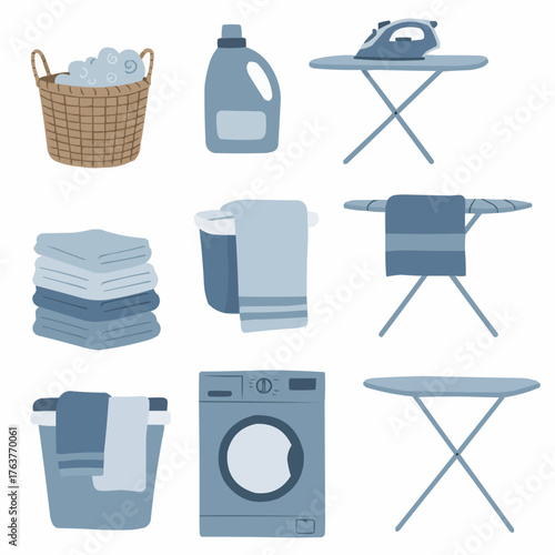 Vector flat set with washing machine, detergent, basket, and ironing board — ideal for home cleaning or household design.