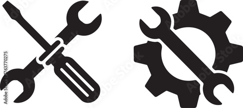 Black and White Tool Icons Screwdriver, Wrench, and Cog Design Elements