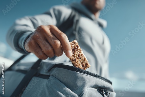 Athlete reaching for protein bar from gym bag, dynamic motion blur, bright daylight, active lifestyle concept