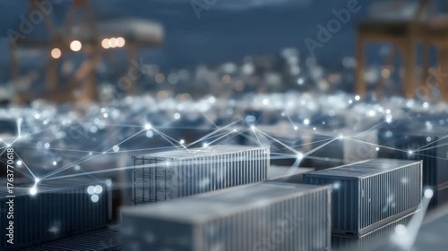 Smart containers with embedded sensors communicating with autonomous vehicles in vast logistics terminal, symbolizing predictive routing, AI connectivity, and seamless supply chain integration.