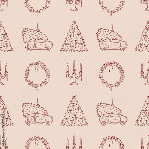 Christmas seamless pattern, fancy Christmas tree, minimalistic vector art