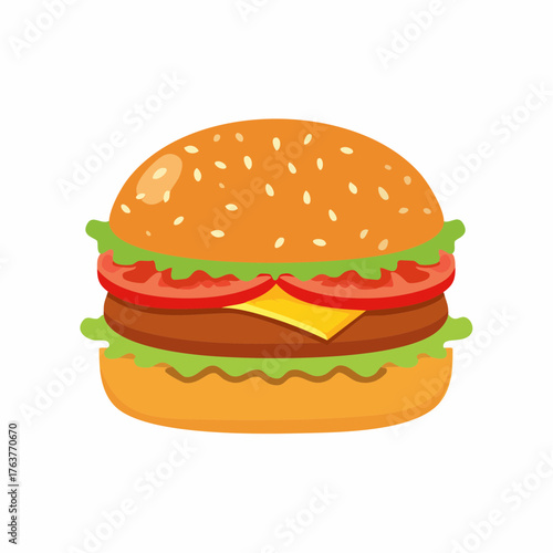 Delicious cartoon cheeseburger with fresh lettuce, tomato, and a sesame seed bun, isolated on a white background
