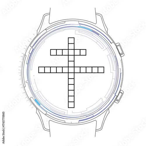 Vector art of crossword puzzle on a smartwatch display, showcasing a digital interface with a grid for word challenges