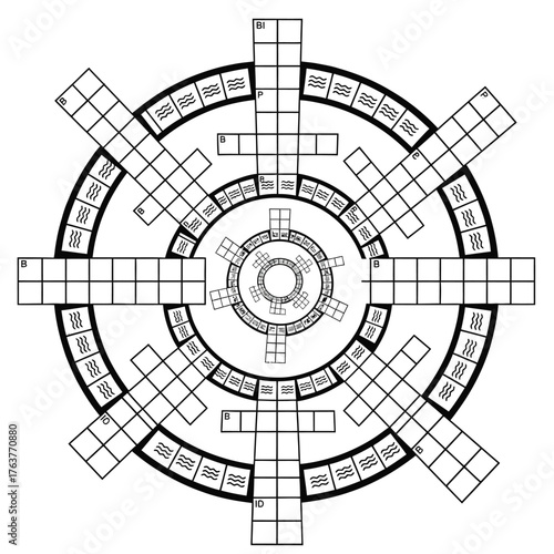 Vector art of intricate circular crossword puzzle, featuring concentric rings and radial extensions with lettered clues