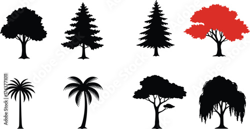 Collection of various tree silhouettes including palm, pine, oak, and red autumn tree for nature and landscape design