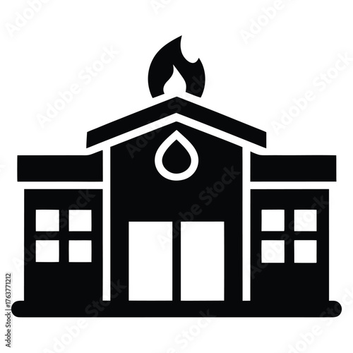 Silhouette of a Fire Station with a symbolic Flame on Top
