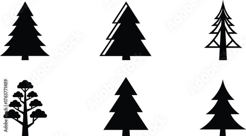 Collection of different pine tree silhouettes, various evergreen tree icons, black forest tree shapes, minimal nature design elements, vector illustration set