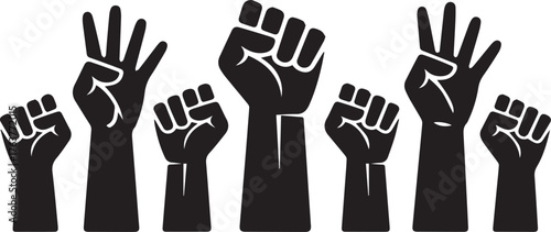 Black Silhouette of Raised Fists and Open Palms Symbolizing Protest and Solidarity