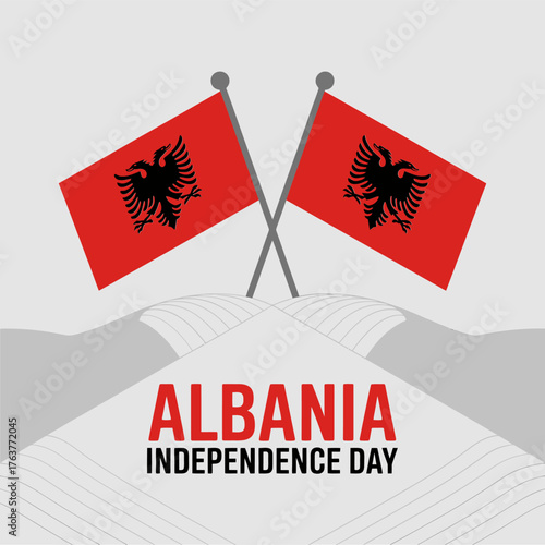 Albania independence day graphic, crossed red double headed eagle flags, national ceremony branding, patriotic celebration poster, vector