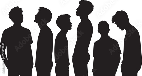 Black Silhouette of Six Men With Different Hairstyles And Poses Against White Background
