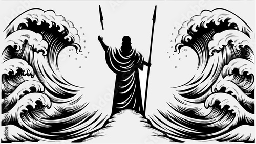 Bold depiction of a figure parting the waters, an iconic symbol of power and divine intervention