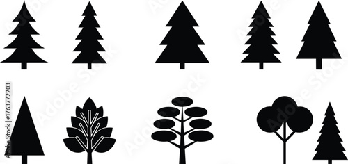 Collection of pine and deciduous tree silhouettes, minimal forest vector icons, black nature shapes, simple outdoor landscape illustration elements for design