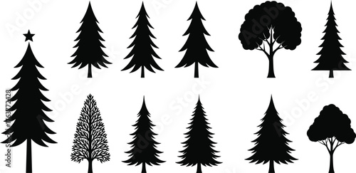 Set of pine and deciduous tree silhouettes, black forest vector icons, evergreen nature elements, simple outdoor landscape design illustration collection