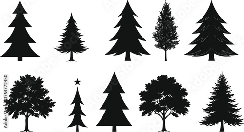 Collection of pine and deciduous tree silhouettes, black forest vector icons, natural landscape design elements, evergreen and leafy tree illustration set