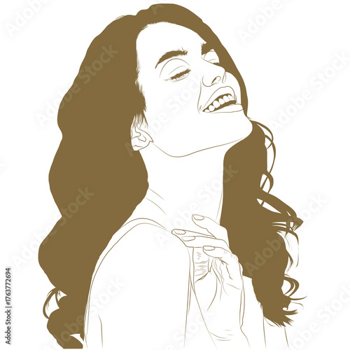 A monochrome vector illustration depicts a woman with long, wavy hair, head tilted back, laughing with joy and a genuine smile, holding her neck gently.