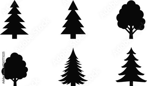 Collection of black tree silhouette icons, pine and deciduous trees vector set, minimalist forest shapes for design, logo, and nature illustration