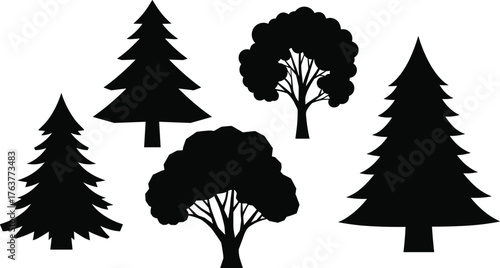 Black tree silhouette vector collection, pine and deciduous tree icons set, minimalist forest shapes for logo, nature design, and illustration