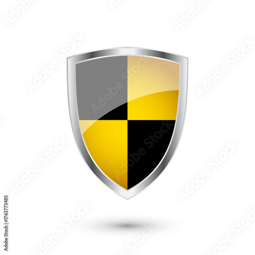 Free Download Glossy shield with yellow and black pattern. Security and protection concept. Cyber safety icons, internet privacy, web defense, digital data protection and antivirus themes. Vector illustration - GFXLoad