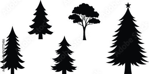 WebBlack tree silhouette vector set, pine and deciduous trees collection, minimalist forest shapes for nature logo, Christmas design, and illustration