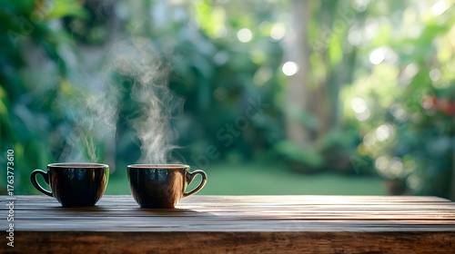 Wallpaper Mural Two steaming dark beverage cups rest upon a wooden surface overlooking a lush green outdoor setting Torontodigital.ca