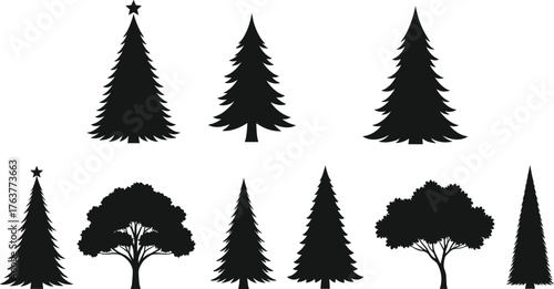 Black tree silhouette set, pine and deciduous tree vector collection, minimalist forest icons for Christmas, nature, logo, and graphic design