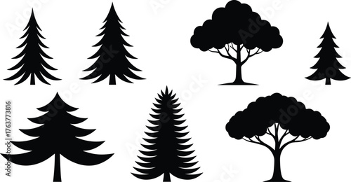 Tree silhouette collection, pine and deciduous tree vector set, black forest nature shapes for design, logo, and decoration