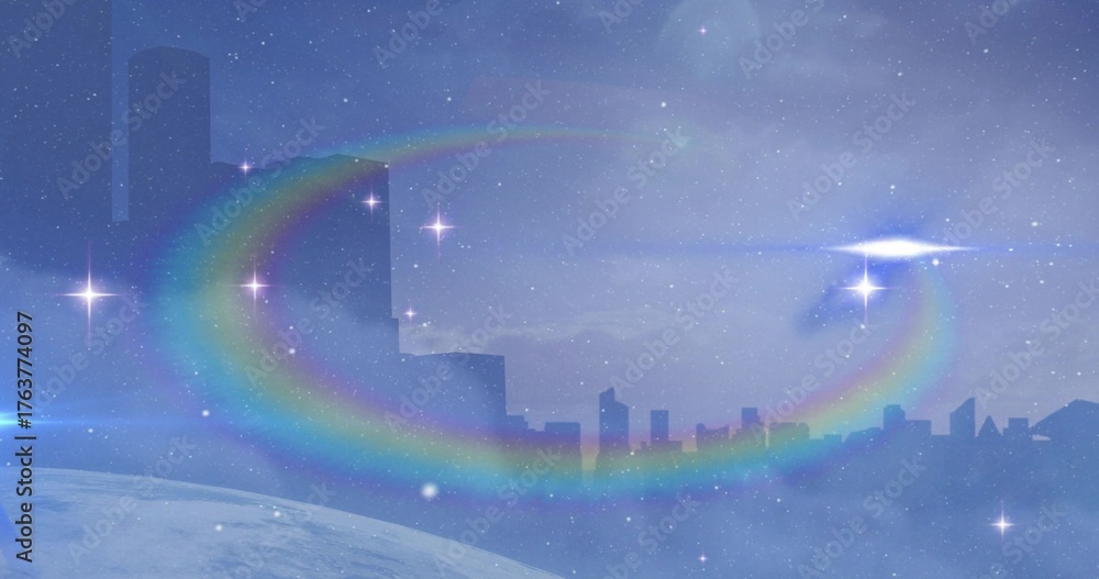 Naklejka premium Floating translucent rings drifting across horizon, with planet surface and city skyline silhouette