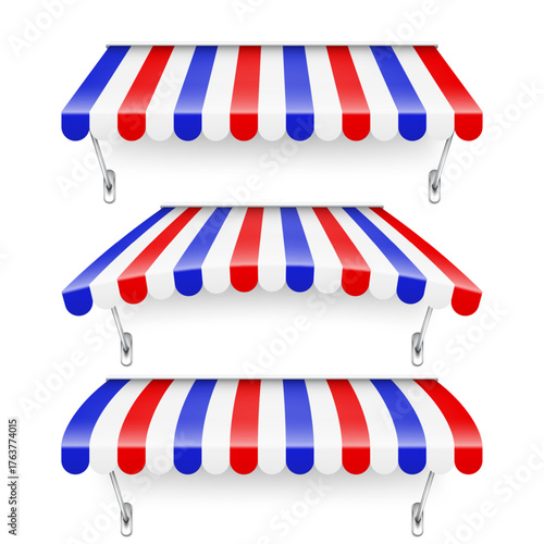 Shop sunshade with metal holder. Realistic striped cafe awning. Outdoor market tent. Roof canopy in French flag colors. Summer street store. Vector illustration