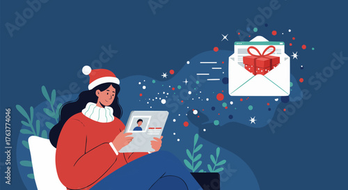 Woman in Santa hat ordering gifts online using tablet — perfect for e-commerce, Christmas, and digital marketing designs.