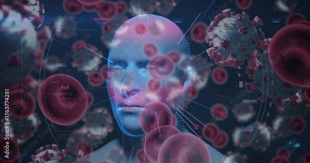 Obraz premium Floating mesh head displaying grid lines in virtual lab, with red blood cells and virus particles