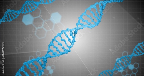 Twisting central blue DNA helix spanning virtual lab grid, with hexagonal molecular icons