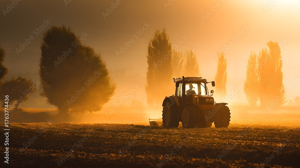 Fototapeta premium Agricultural machinery operates on cultivated land during a misty sunrise