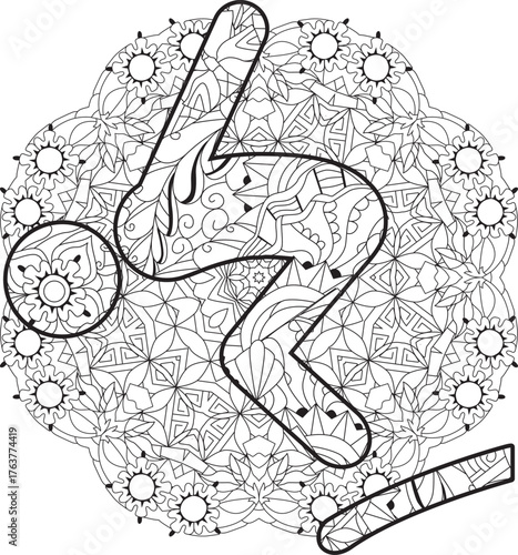 Diving icon on mandala for coloring. Olympic sport. Abstract hand drawing.