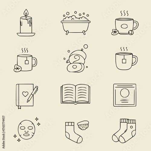 Modern minimalist icons of wellness items — candles, tea, book, socks, and bath for health and lifestyle projects.