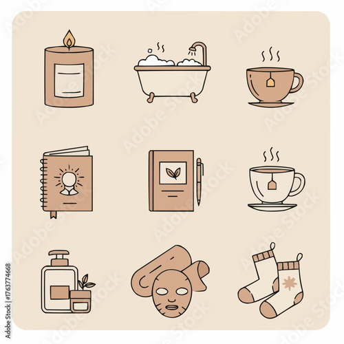 Vector flat set of self-care items — candle, tea, notebook, skincare, and warm socks. Perfect for lifestyle, spa, and relaxation design.