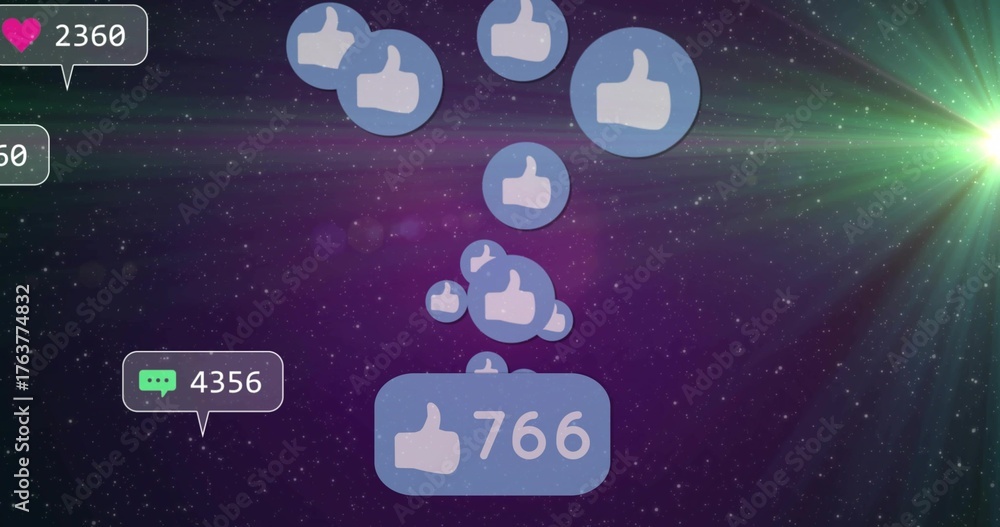 Naklejka premium Floating social icons rising in purple galaxy, with 766 thumbs-up, 2360 heart, 4356 chat counters