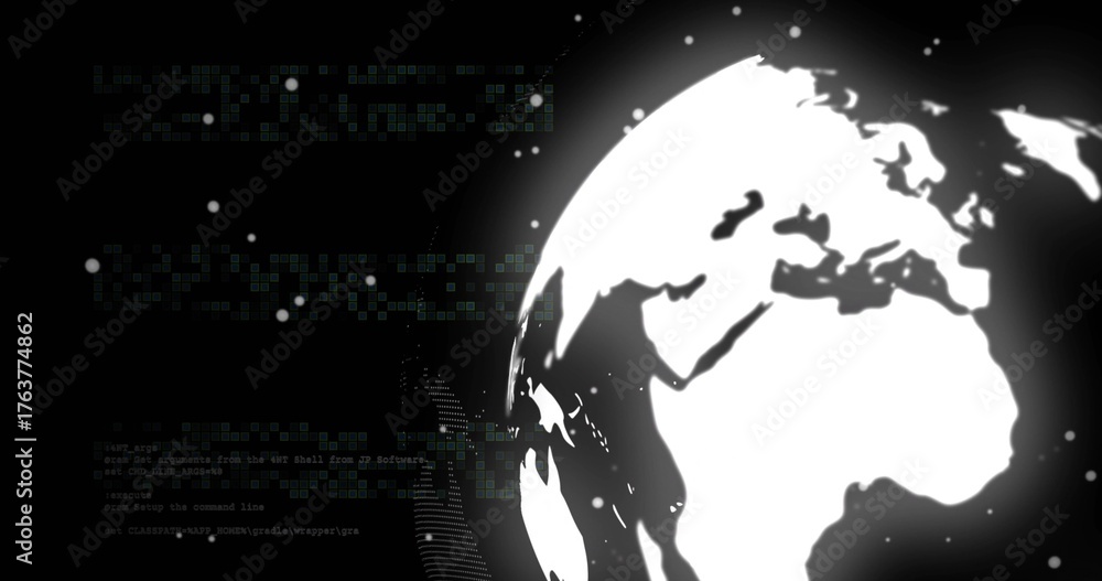 Fototapeta premium Glowing white digital globe spinning at right, with alphanumeric code and data patterns, copy space