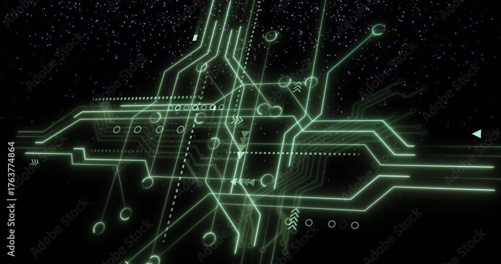 Fototapeta premium Displaying neon green glowing circuit network floating in space, with dashed lines, nodes, arrows