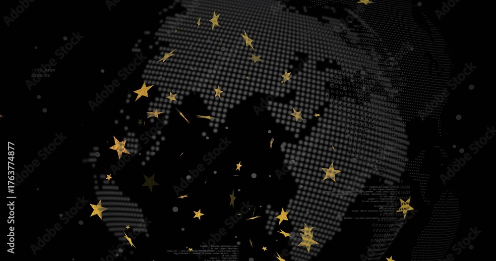 Naklejka premium Displaying dotted globe silhouette floating on dark grid, featuring gold stars and code fragments